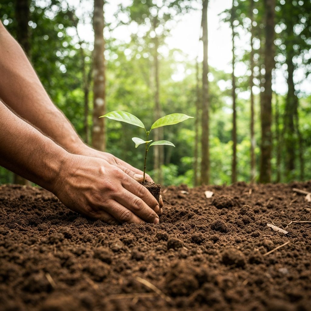 Mãos plantando mudas nativas